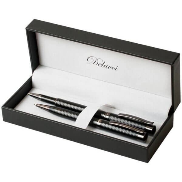 Набор  Delucci (шариковая ручка+роллер) черные, корпус черный/хром, подар. уп.