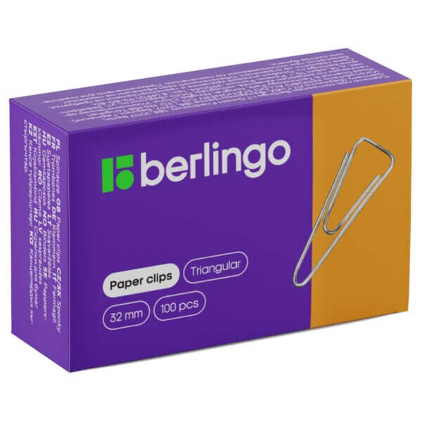 Скрепки 32мм Berlingo 100шт/уп  никелированные треугольные, с отогнутым носиком*