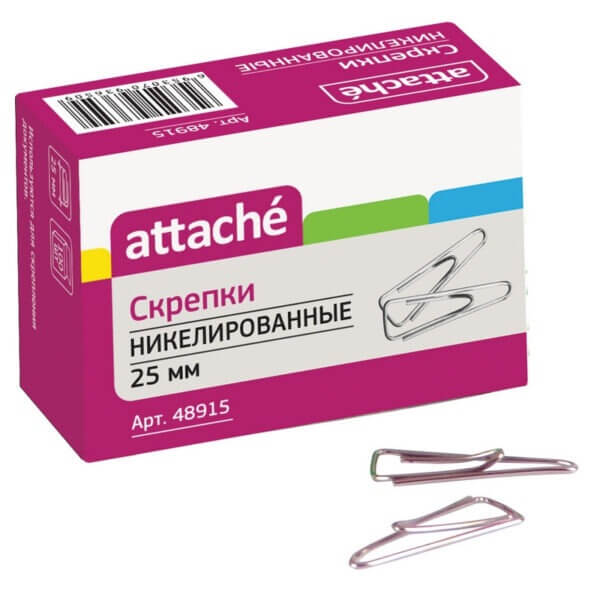 Скрепки 25мм ATTACHE с отгибом,никелированные,100шт/уп треугольные
