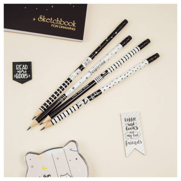 Карандаш чернографитный HB MESHU "Black&white" заточен с печатью, с ластиком,ассорти