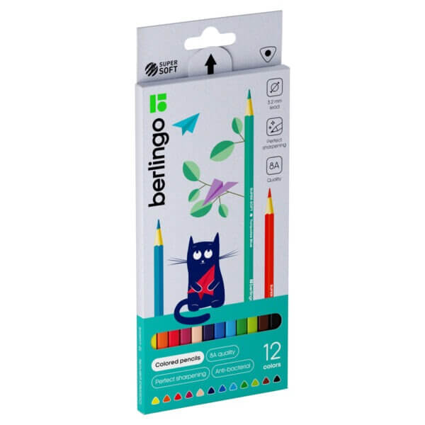 Карандаши цветные 12цв деревянные Berlingo"SuperSoft. Жил-был кот", трехгран., заточен., картон