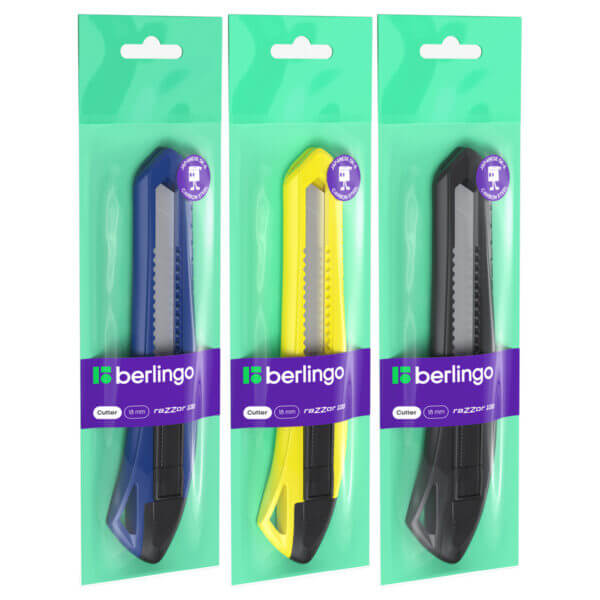 Нож канцелярский 18мм Berlingo "Razzor 100", push-lock, ассорти