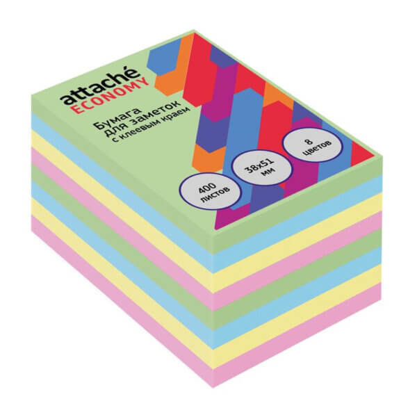 Блок бумаги с клеевым краем  38х51мм 400л 8 цветов пастель Economy