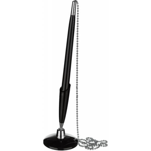 Ручка шариковая настольная в держателе с цепочкой черный корпус, синяя BEIFA