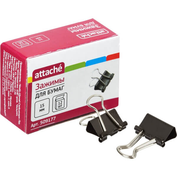 Зажим д/бумаги 15мм черные АТТАСНЕ 12шт/уп