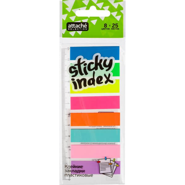 Закладка  пластик 45х12мм 25 листов по 8 цветов, 200л ATTACHE Sticky index