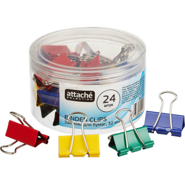 Зажим д/бумаги 32мм цветные ATTACHE  24шт/уп. в пластик упаковке