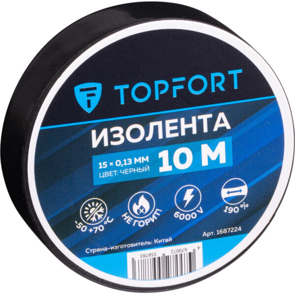 Изолента TOPFORT 15мм х 10м х 0,13мм черный 1687224