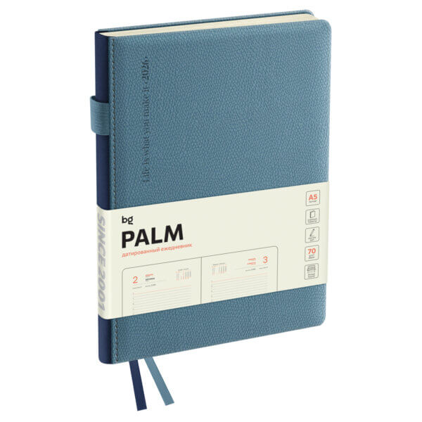 Ежедневник датированный 2026г., А5, 176л., твердый переплет, кожзам, BG "Palm. Steel blue", голубой