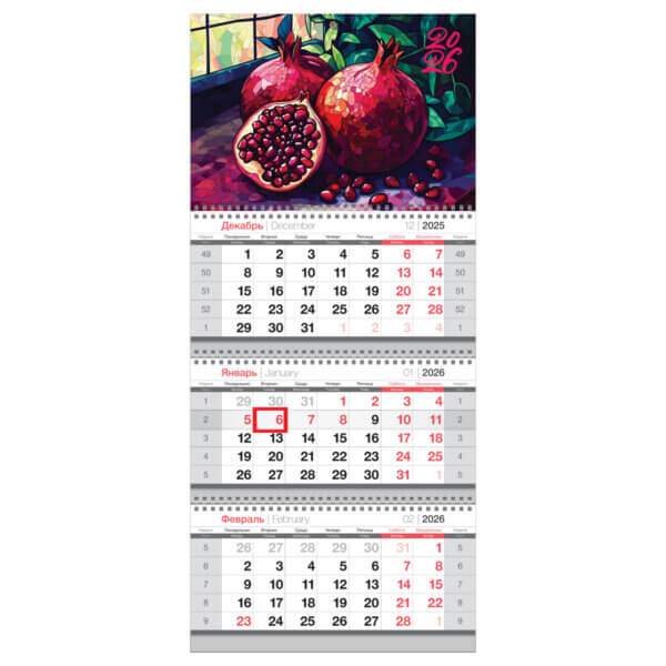 Календарь квартальный 3 бл. на 3 гр., 295*660 мм BG "Гранат", с бегунком, 2026г.