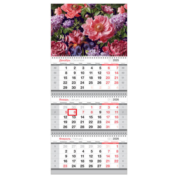 Календарь квартальный 3 бл. на 3 гр., 295*660 мм BG "Цветы", с бегунком, 2026г.