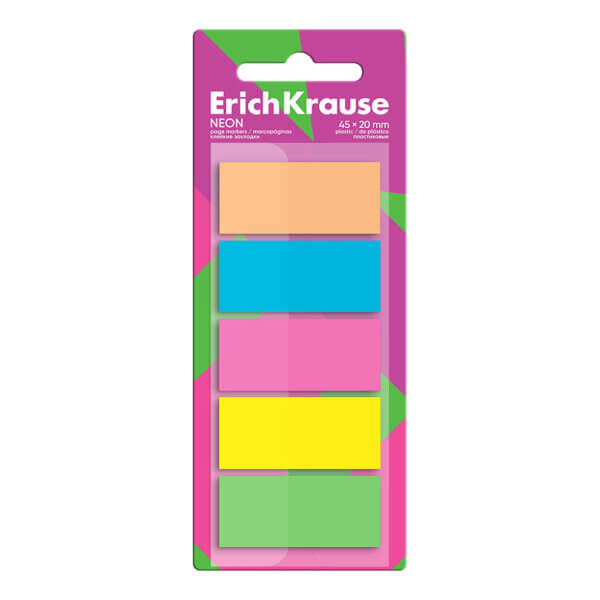 Закладка  пластик 45x20мм 100л, 20л/5цв ErichKrause Neon